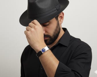 Men's Evil Eye Bracelet, Black Thick Leather with Silver Macnetic Clasp, Turkish Nazar