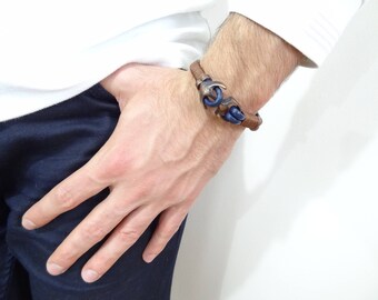 Men's Bracelet, Navy Blue Leather Bracelet, Anchor Copper Hook Clasp, Nautical, Men's Cuff Bracelet, Gift For Him, Father's Day Gifts