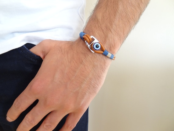 Men's leather evil eye bracelet deals