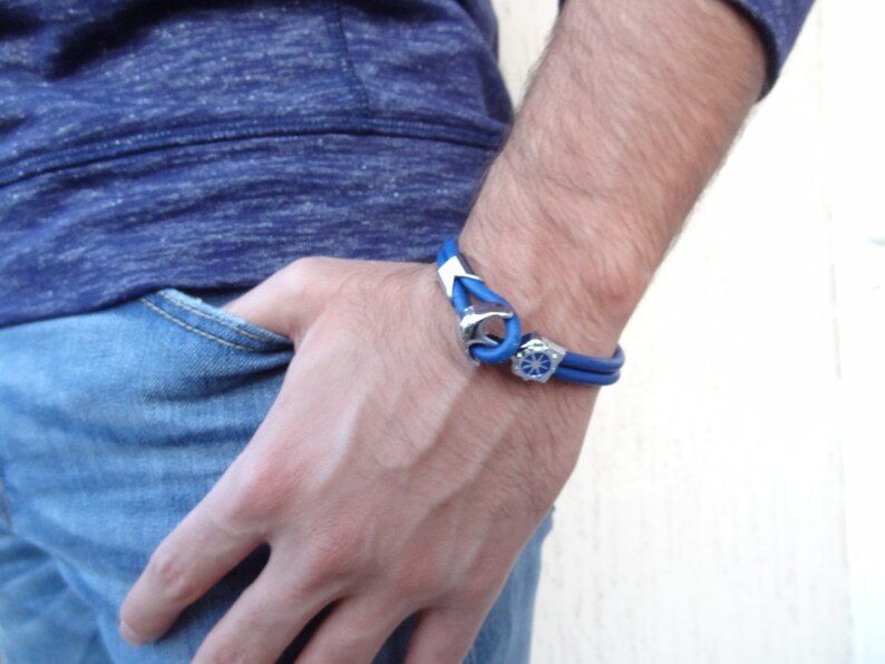 Men's Blue Leather Bracelet Ship Rudder Anchor Clasp Etsy