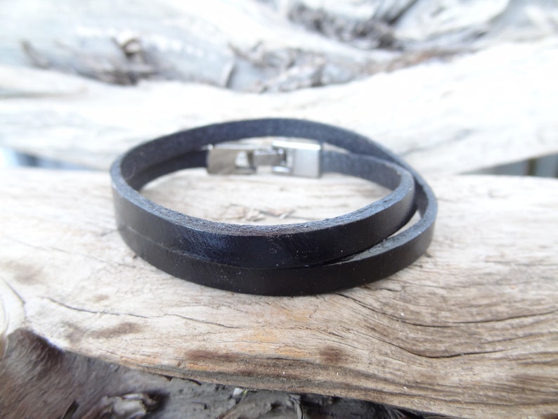 Womens Wrap Leather Bracelet Black Leather With Silver Snap Etsy