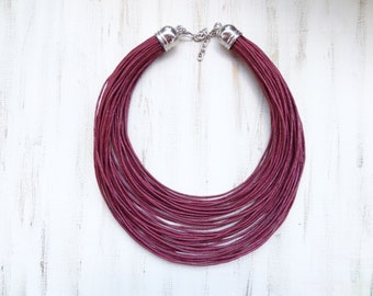 Multi Strand Necklace, Statement Jewelry, Burgundy Leather Look Rope, Cord Necklace, String Necklace, Magnetic Necklace, Mother's Day Gift