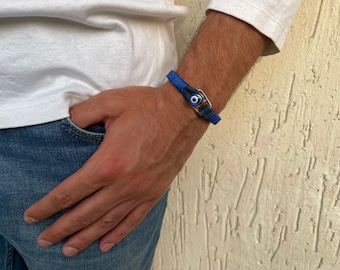 Men's Evil Eye Bracelet, Navy Blue Leather and SilverEvil Eye Hook Clasp, Mens for Protection, Mens Jewelry, Gift for Women and Men Bracelet