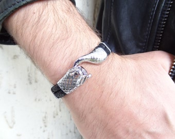 Schlangenhaut Armband, schwarzes Lederarmband, Herrenschmuck, Schlangen-Hakenarmband, Lederschmuck, Geschenke für Freund, Vatertagsgeschenke