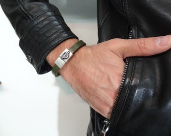 Olive Green Braided Leather Bracelet with Music Note Clasp
