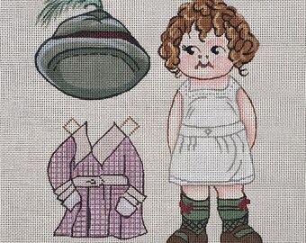 Vintage needlepoint of little girl as paper doll