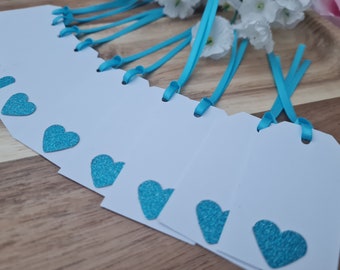 Glitter Heart Gift Tags: White & Turquoise Blue, Ribbon Ties (10 Pack)