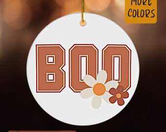 Boo Halloween Ornament, Small Halloween Ornament, Boo Ornament with College Letters and Retro flowers, Halloween Ornament for Fall,  Orange
