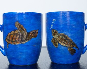 Turtle coffee mug,tea cup,sea,ocean,custom hand-painted handmade mug,pet animal mug,personalized,turtles,shells,pacific,tortoise,turquoise