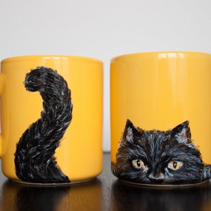 Cat mug, black cat mug, handmade mug, hand-painted cup, pet, animal, custom present cat lovers gift, black cat peeking, halloween coffee mug image 1