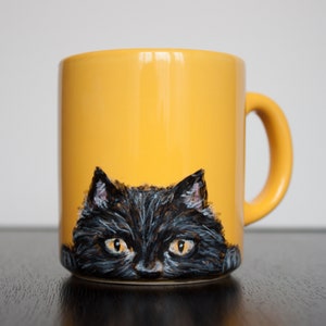 Cat mug, black cat mug, handmade mug, hand-painted cup, pet, animal, custom present cat lovers gift, black cat peeking, halloween coffee mug image 2