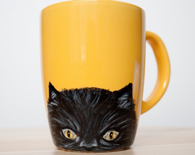 Cat mug, black cat mug, handmade mug, hand-painted cup, pet, animal, custom present cat lovers gift, black cat peeking, halloween coffee mug