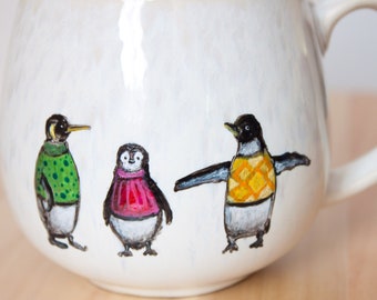 Penguins with sweaters coffee mug, funny tea cup, winter, snow, ice,hand-painted, handmade, custom gift, present, pullover, knitting,sewing
