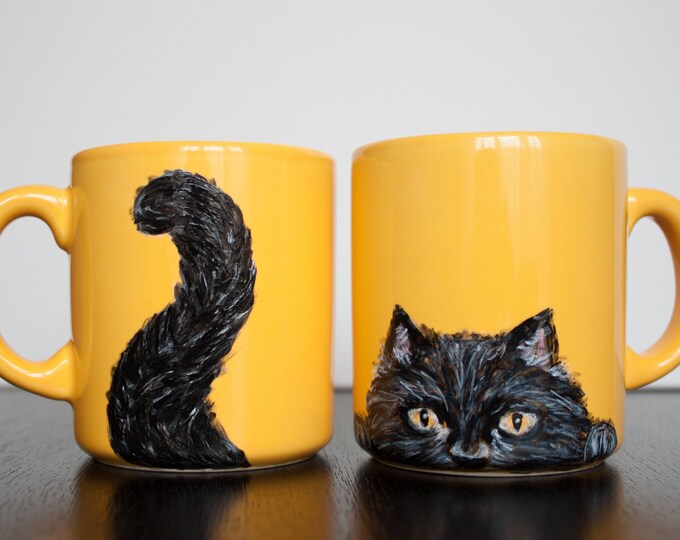 Cat mug, black cat mug, handmade mug, hand-painted cup, pet, animal, custom present cat lovers gift, black cat peeking, halloween coffee mug