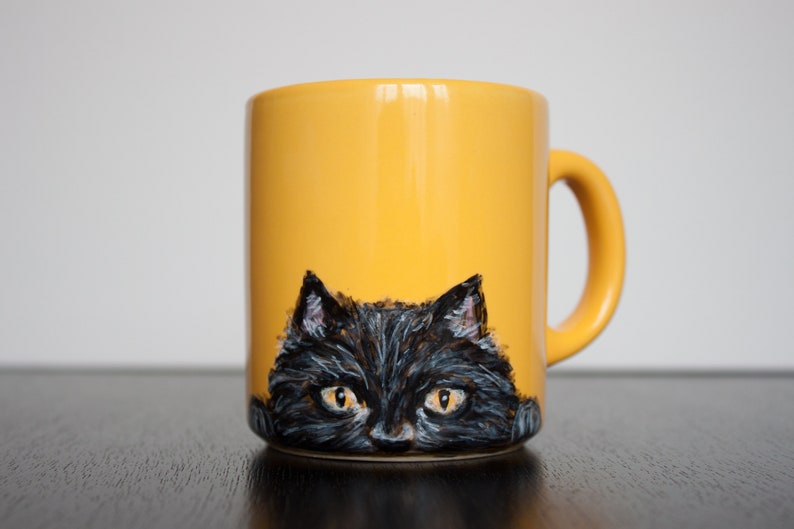 Cat mug, black cat mug, handmade mug, hand-painted cup, pet, animal, custom present cat lovers gift, black cat peeking, halloween coffee mug image 2