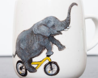 Elephant mug, Badger mug, handmade mug, dumbo riding a bicycle, riding a bike, animal mug, hand-painted mug for coffee, tea, custom mug,gift