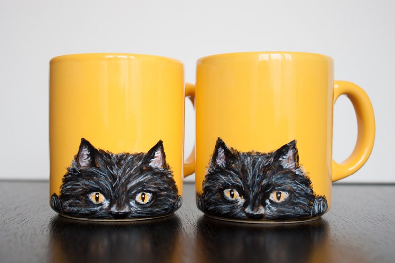 Cat mug, black cat mug, handmade mug, hand-painted cup, pet, animal, custom present cat lovers gift, black cat peeking, halloween coffee mug image 4
