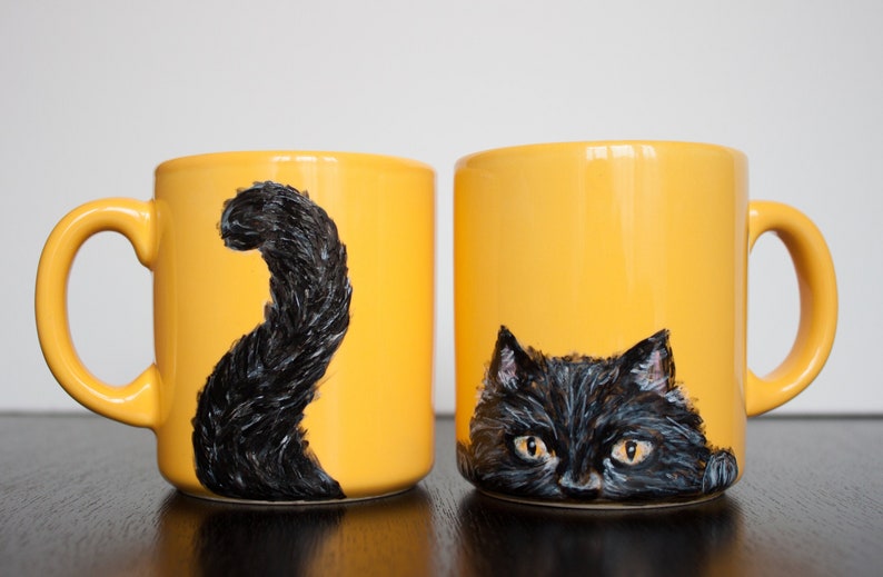 Cat mug, black cat mug, handmade mug, hand-painted cup, pet, animal, custom present cat lovers gift, black cat peeking, halloween coffee mug image 1