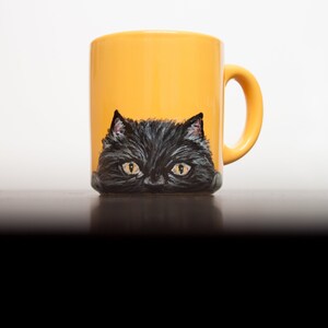 Cat mug, black cat mug, handmade mug, hand-painted cup, pet, animal, custom present cat lovers gift, black cat peeking, halloween coffee mug image 5