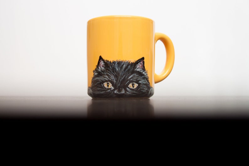 Cat mug, black cat mug, handmade mug, hand-painted cup, pet, animal, custom present cat lovers gift, black cat peeking, halloween coffee mug image 5