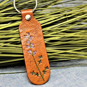 Hand Carved Leather Keychain, Lupine Wildflower Design