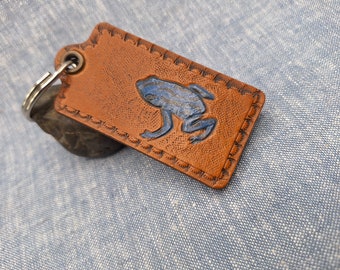 Handcrafted Leather Keychain: Blue Dart Frog Art, Made in Wyoming