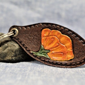 Poppy Leather Keychain, Women&#39;s Christmas, California Gift, wildflower gift, Poppy flower, Women&#39;s Stocking Stuffer, 3rd Anniversary