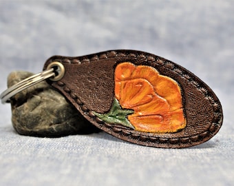 Poppy Leather Keychain, Women&#39;s Christmas, California Gift, wildflower gift, Poppy flower, Women&#39;s Stocking Stuffer, 3rd Anniversary