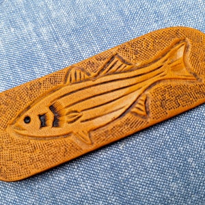 Striped Bass Leather Key Fob, Father&#39;s Day gift, Fishing keychain, Fishing gift for him, 3rd Anniversary Gift, Men&#39;s Birthday Gift, Fish Art