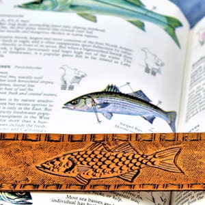 Striped Bass Leather Bookmark, Men&#39;s Christmas, 3rd Anniversary Gift, Leather gift for him, Fishing Gifts, Book Nerd Gifts, Dad&#39;s Christmas
