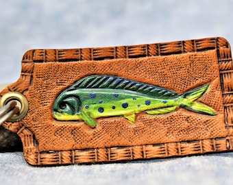 Hand-Tooled Mahi Mahi Leather Keychain: American Made Gift