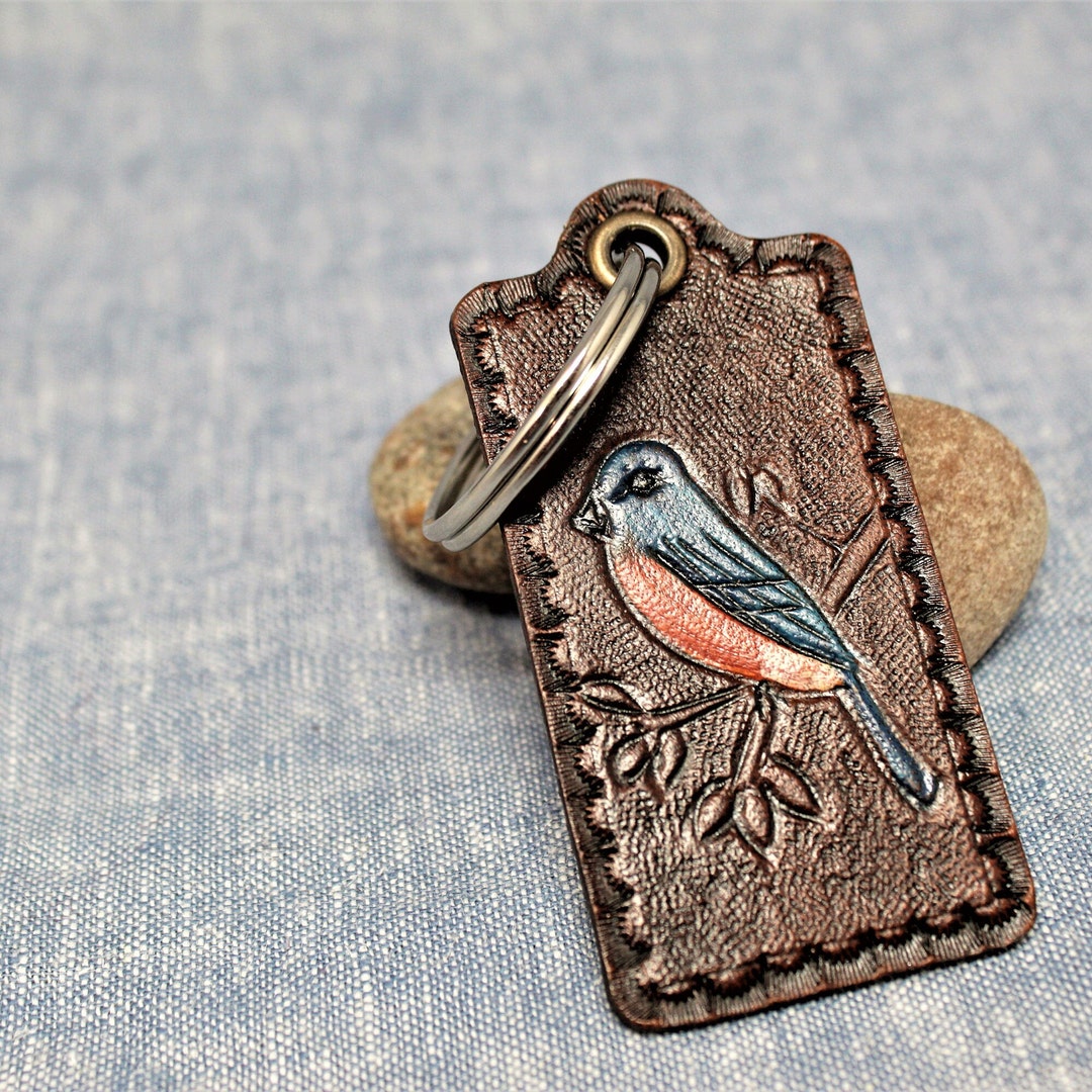 Hand-tooled Eastern Bluebird Leather Keychain: Made in America - Etsy