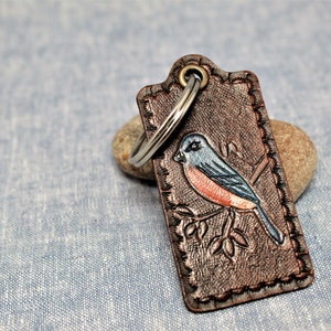 Hand-Tooled Eastern Bluebird Leather Keychain: Made In America