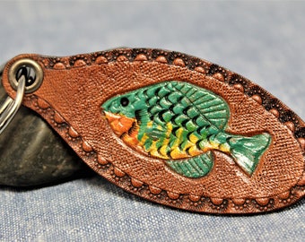 Handcrafted Bluegill Leather Keychain: Carved & Stamped