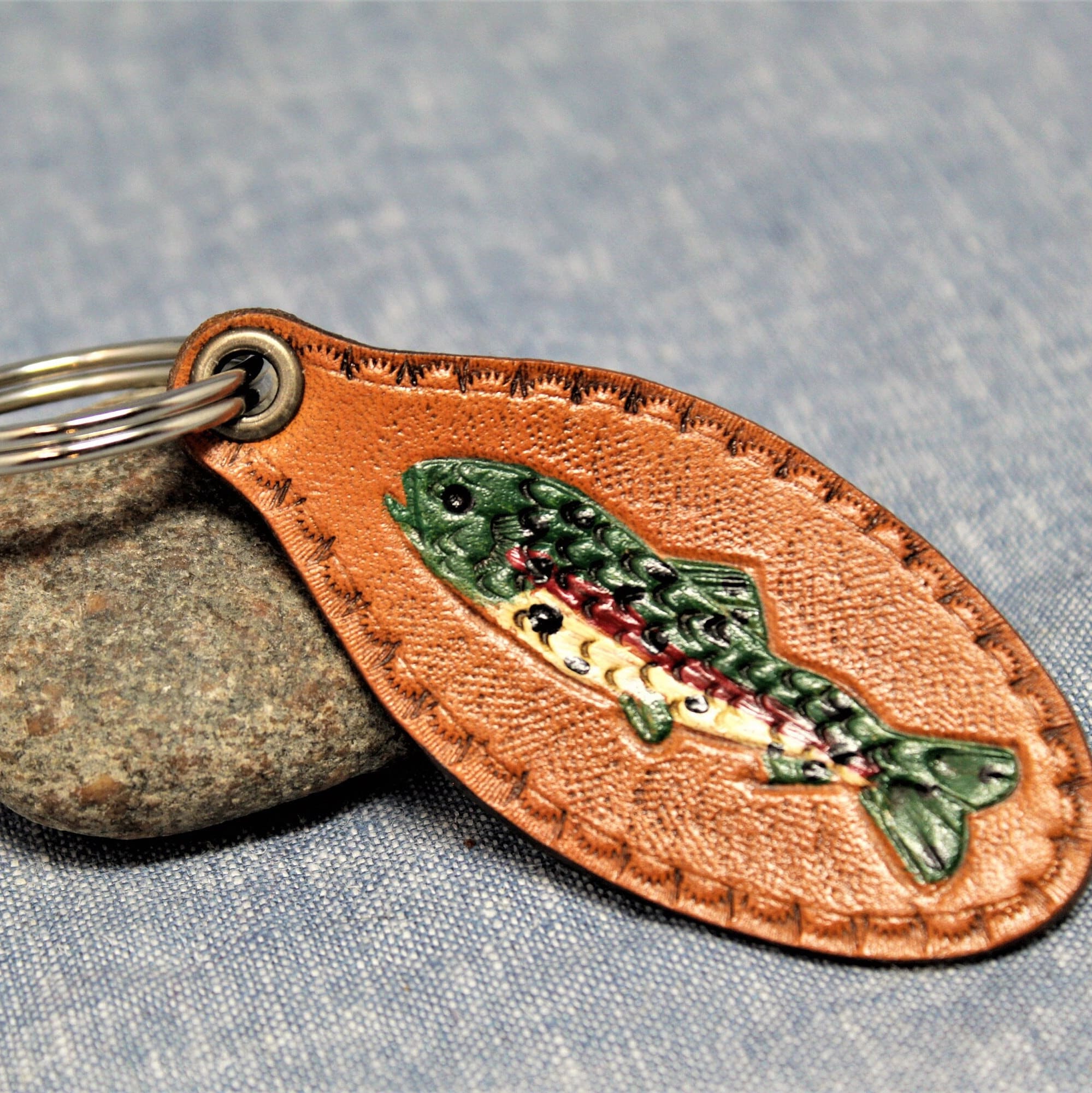 Rainbow Trout Leather Keychain, 3rd Anniversary Gift, Fishing
