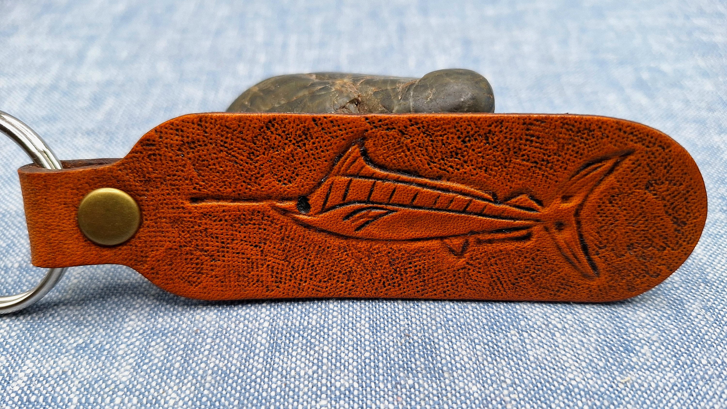 Blue Marlin Leather Key Fob: Handcrafted Fish Keychain