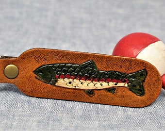 Hand-Carved Leather Trout Key Fob: Fishing Gift