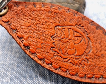 Hand-Stamped Bass Fishing Leather Keychain: Stocking Stuffer