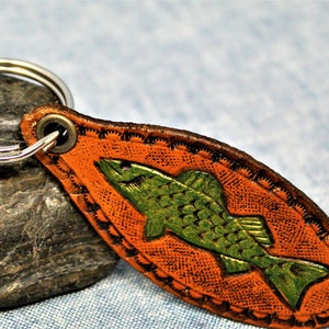 Hand-Tooled Walleye Leather Keychain: Fishing Gift
