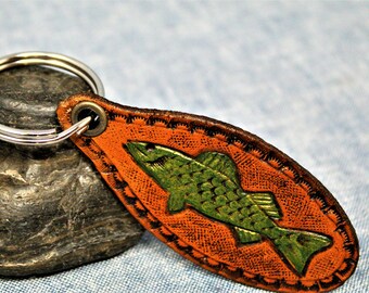 Hand-Tooled Walleye Leather Keychain: Fishing Gift