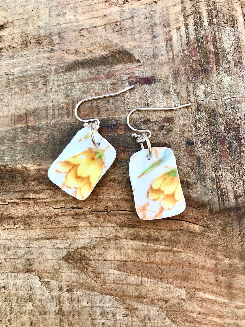 Sweet pale yellow vintage recycled China floral dangle earrings