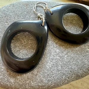 Fab black hoops Tagua nut (vegetable Ivory) dangle earrings with large sterling silver wires.
