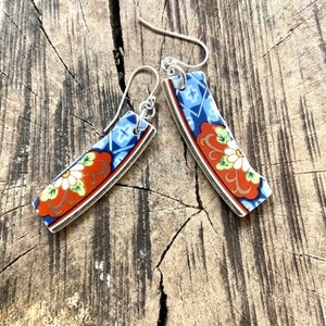 Cute vintage recycled border  abstract China floral dangle earrings