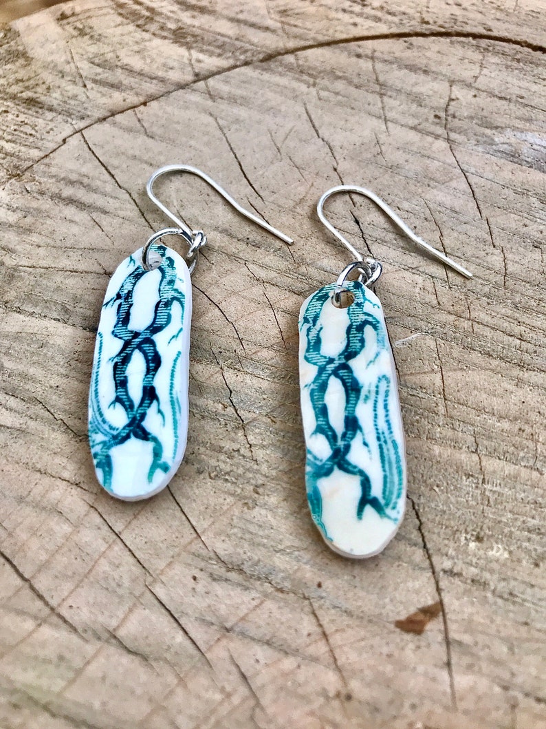 vintage green ironstone willow pattern vintage pottery long tab earrings,sterling silver ear wires.