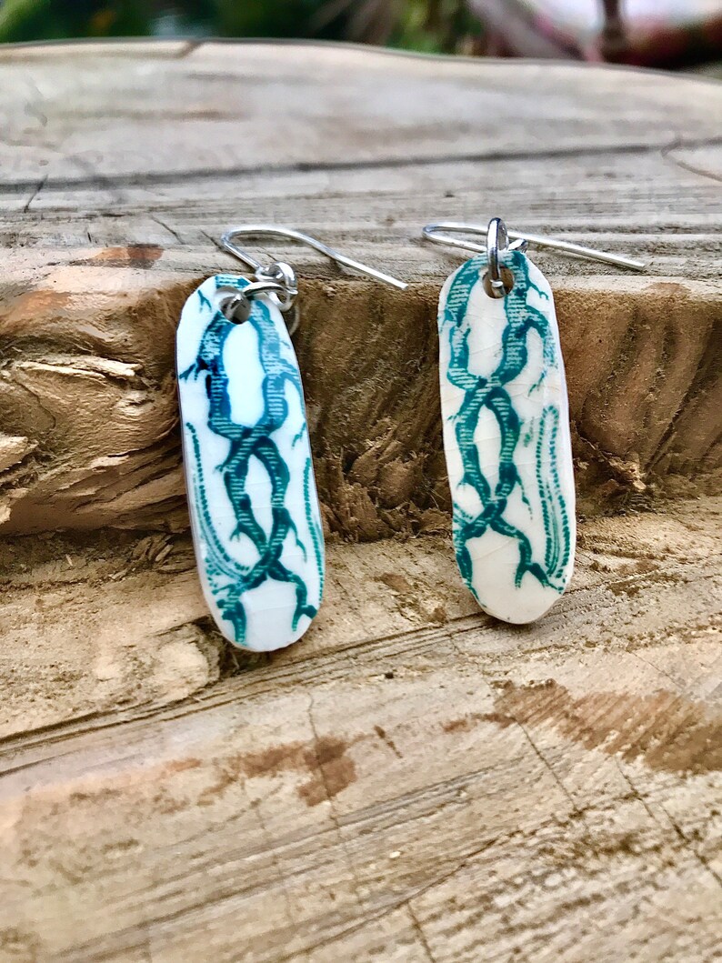 vintage green ironstone willow pattern vintage pottery long tab earrings,sterling silver ear wires.
