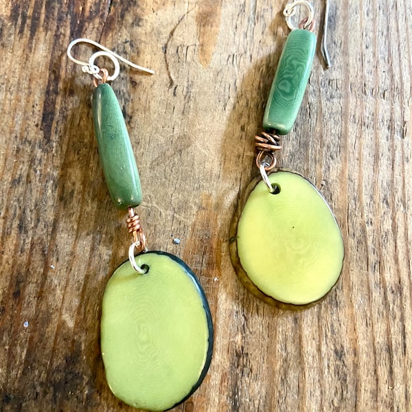 Gorgeous green eco BoHo Tagua nut dangle earrings with sterling silver wires