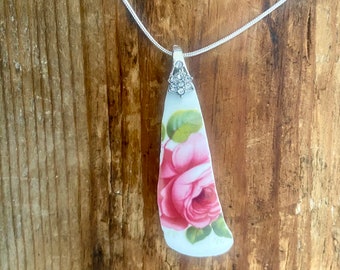 Vintage Mid century pink rose ceramic recycled into a beautiful pendant on sterling silver snake 22 inch chain.