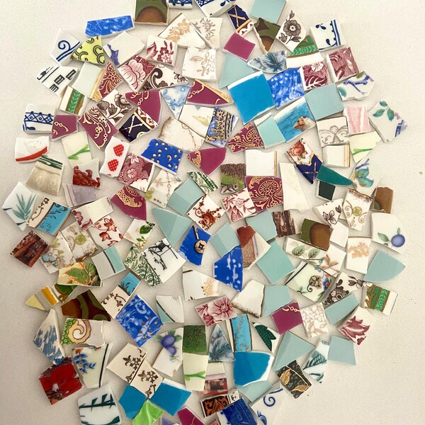 150 little vintage bits n tiles. Hand cut vintage ceramic tableware mix tesserae. Raw materials for mosaic picassiette art jewellery making.
