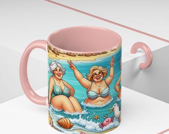 Beach Ladies Coffee Mug, Ocean Relaxing Vibes Tea Cup, Women in Water Splashing Laughing, Sea Theme Drinkware, Summer Coastal Decor, Gift