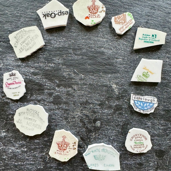 12 back stamp pieces.  Hand cut vintage ceramic tableware tesserae. Raw materials for mosaic picassiette art jewellery making.